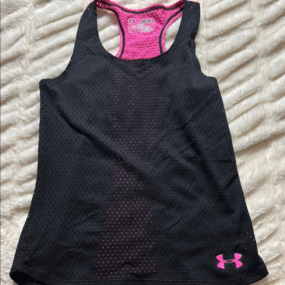 Under Armour Black and Pink Tank Top youth medium HEAT GEAR